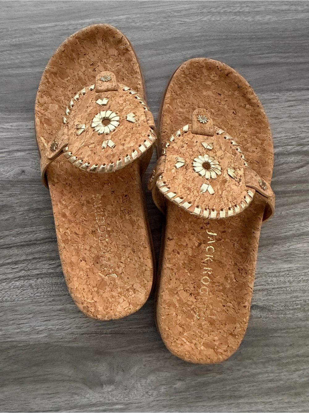 Jack Rogers Natural Cork Jacks Flat Rondelle Thong Sandals Gold Whipstitch 8M